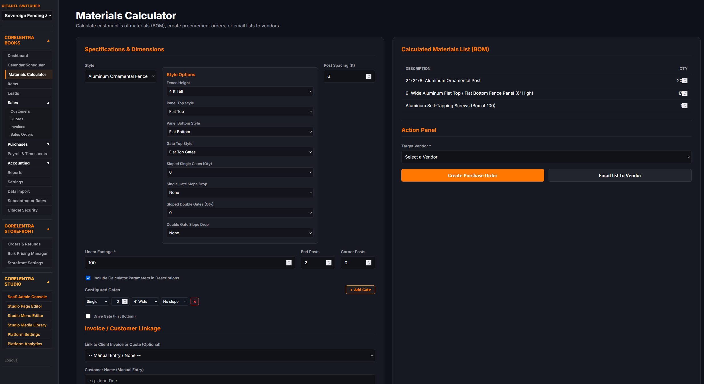 Corelentra Materials Calculator